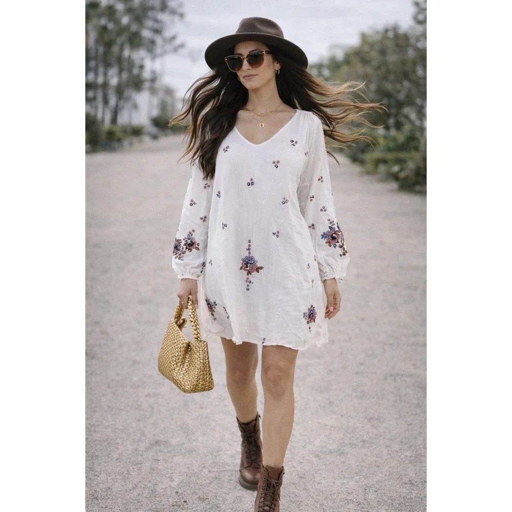 FP1 NWT Free‎ People Oxford Embroidered Mini Dress Retail $128 Cream Ivory Small